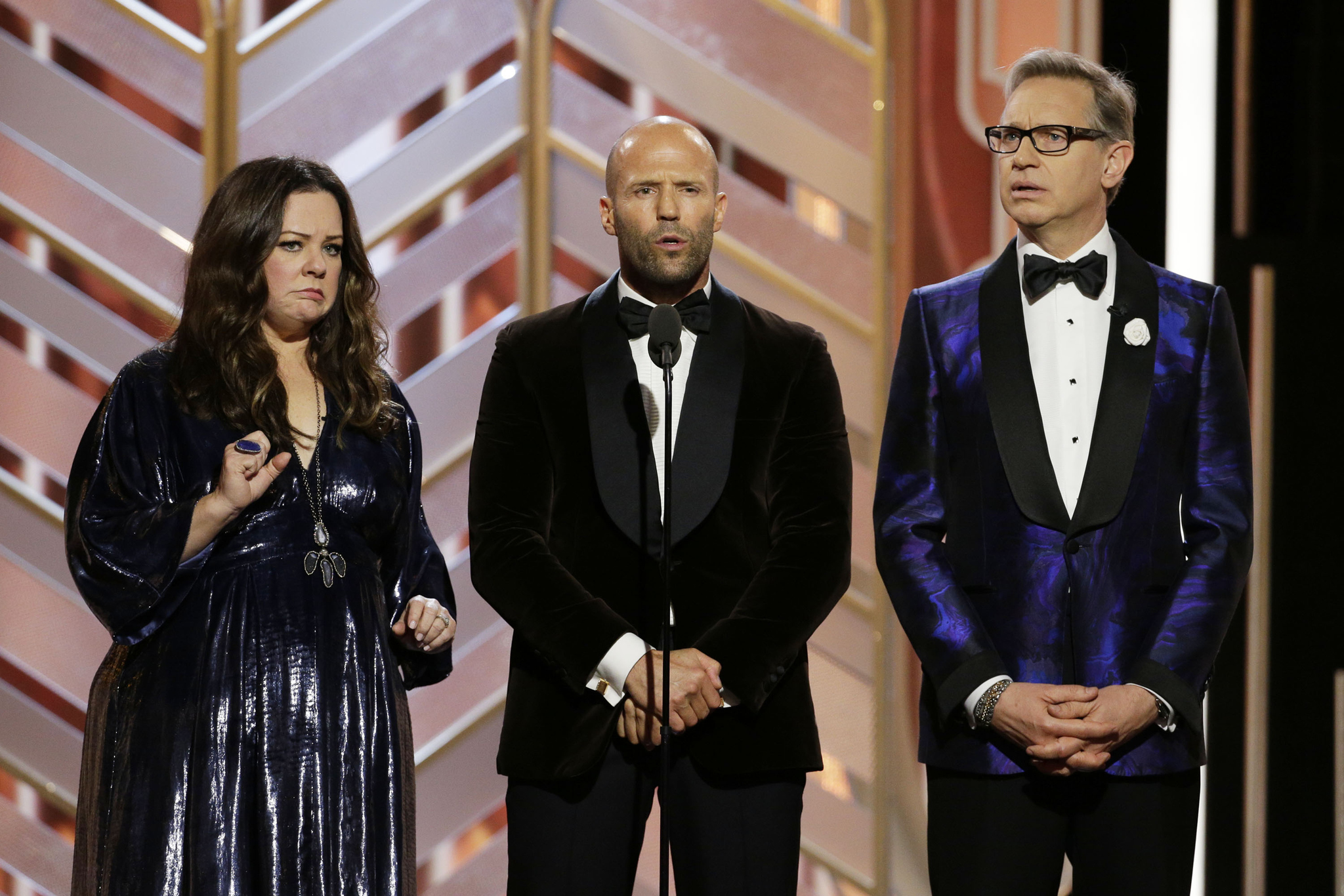 Jason Statham, Paul Feig and Melissa McCarthy at event of 73rd Golden Globe Awards (2016)