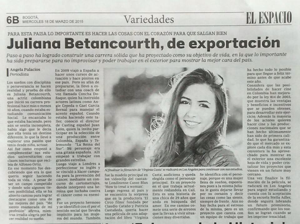 JULIANA BETANCOURTH, to be promoted abroad. Newspaper El Espacio. Wednesday, March 18th, 2015. Colombia. #JulianaBetancourth