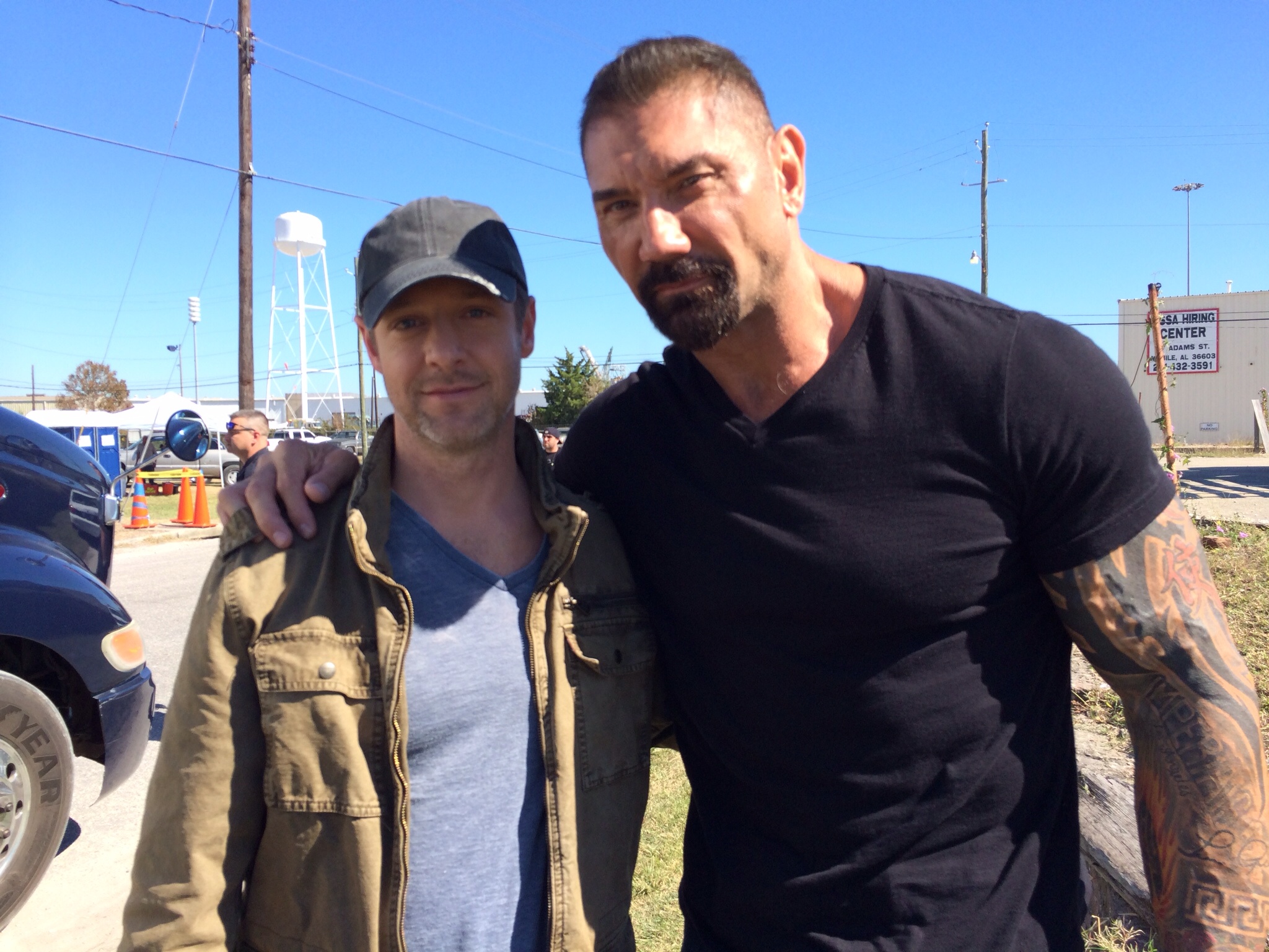 Christopher Rob Bowen with Dave Bautista in the set of 