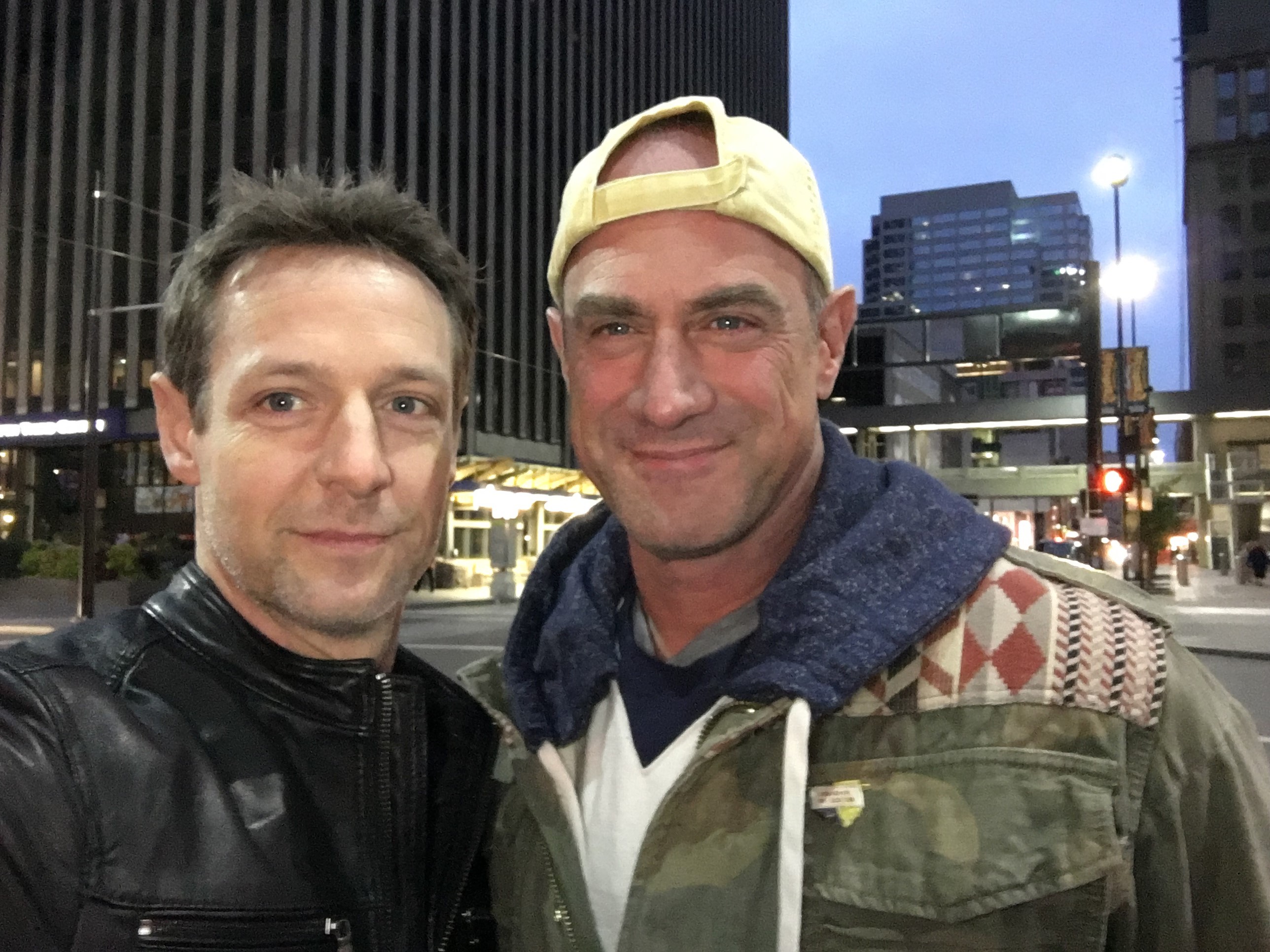 Chritopher Rob Bowen with Christopher Meloni, downtown Cincinnati during filming of Marauders.