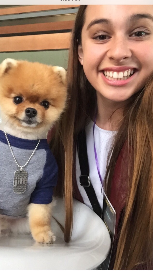 Jade Holden with Jiff the Pomeranian at the Oscar's gifting lounge 2015.