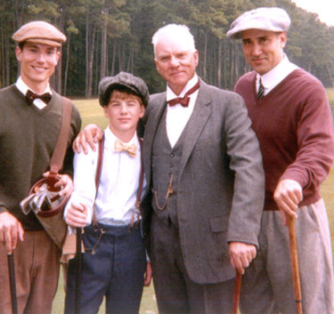 (L-R) Greg Corbett, Thomas 'Bubba' Lewis, Malcom McDowell, and Kenny Alfonso on the set of 