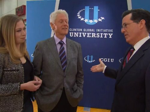 Still of Bill Clinton, Chelsea Clinton and Stephen Colbert in The Colbert Report (2005)