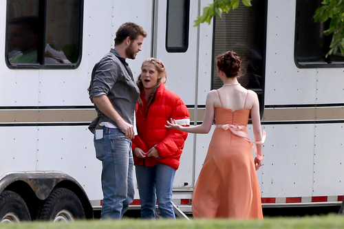July 12th 2013. On the set of Cut Bank in Edmonton with Teresa Palmer and Liam Hemsworth.