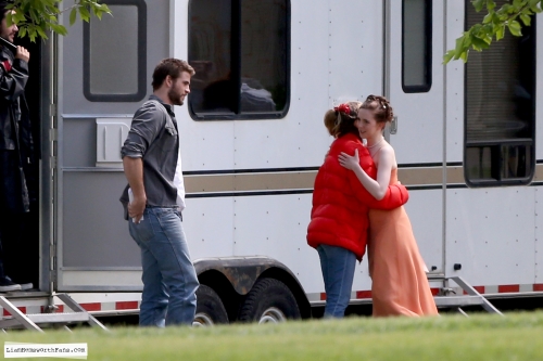 July 12th 2013. On the set of Cut Bank in Edmonton with Teresa Palmer and Liam Hemsworth.