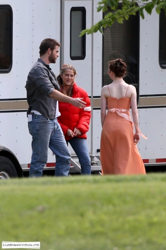 July 12th 2013. On the set of Cut Bank in Edmonton with Teresa Palmer and Liam Hemsworth.