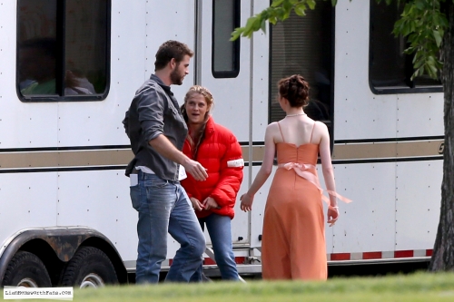 July 12th 2013. On the set of Cut Bank in Edmonton with Teresa Palmer and Liam Hemsworth.