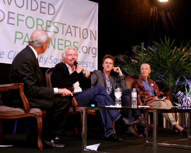 Jeff Horowitz (far left) facilitating conversation with Richard Branson, Ed Norton, and Dr. Jane Goodall at international climate event in Rio.