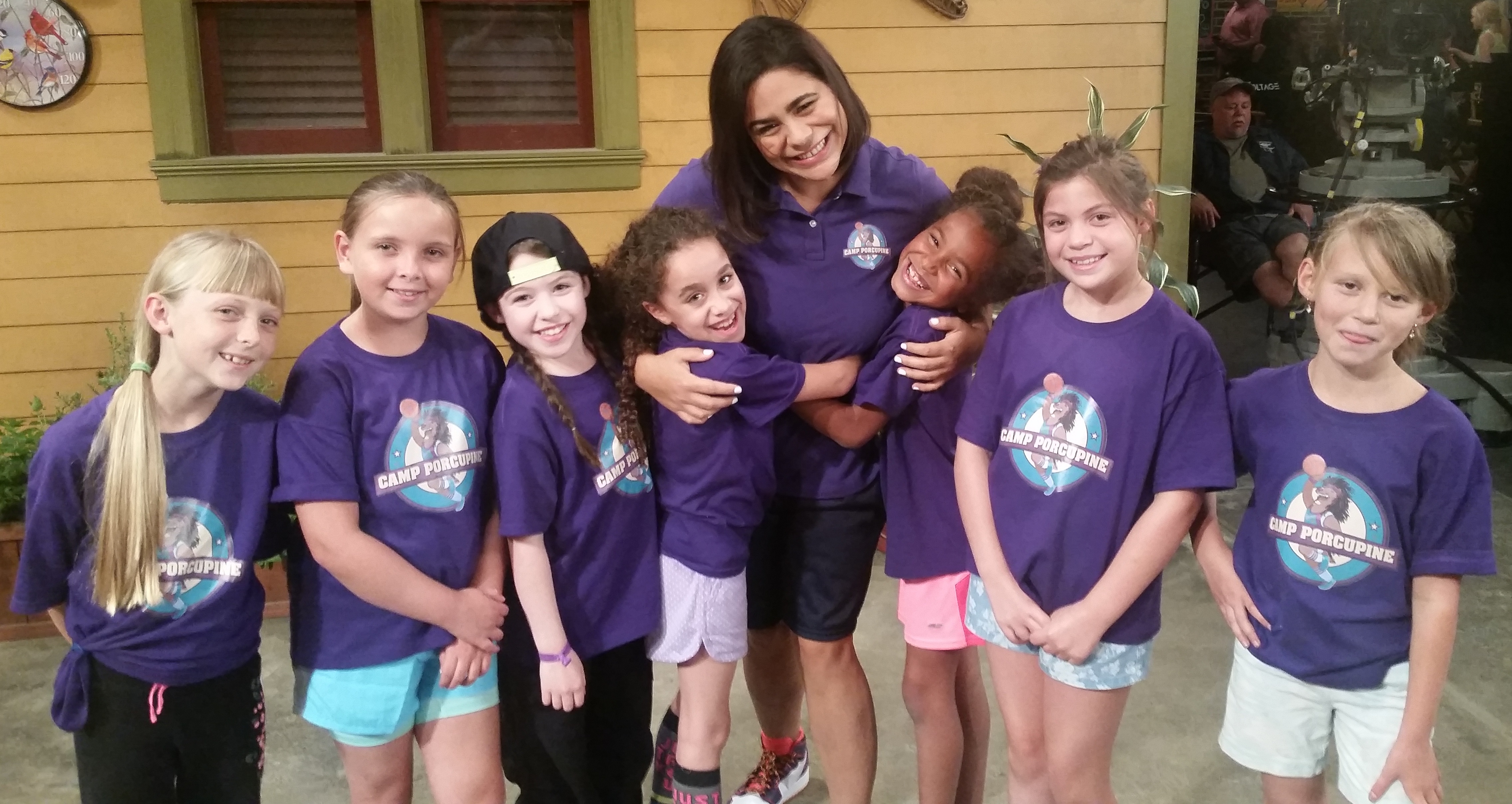 Ashlyn on the set of Liv and Maddie with Jessica Marie Garcia, April Marshall-Miller, and all of the Camp Porcupine girls! Go Porcupines! Eep, Eep, Eep!