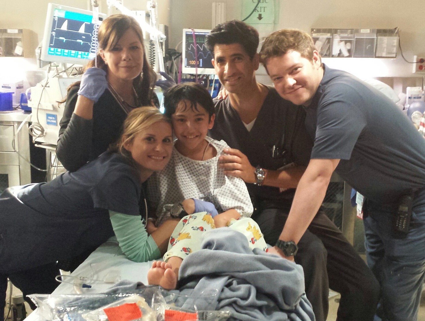 On set with the cast of Code Black - Marcia Gay Harden, Razza Jaffrey, Harry Ford and Bonnie Somerville.