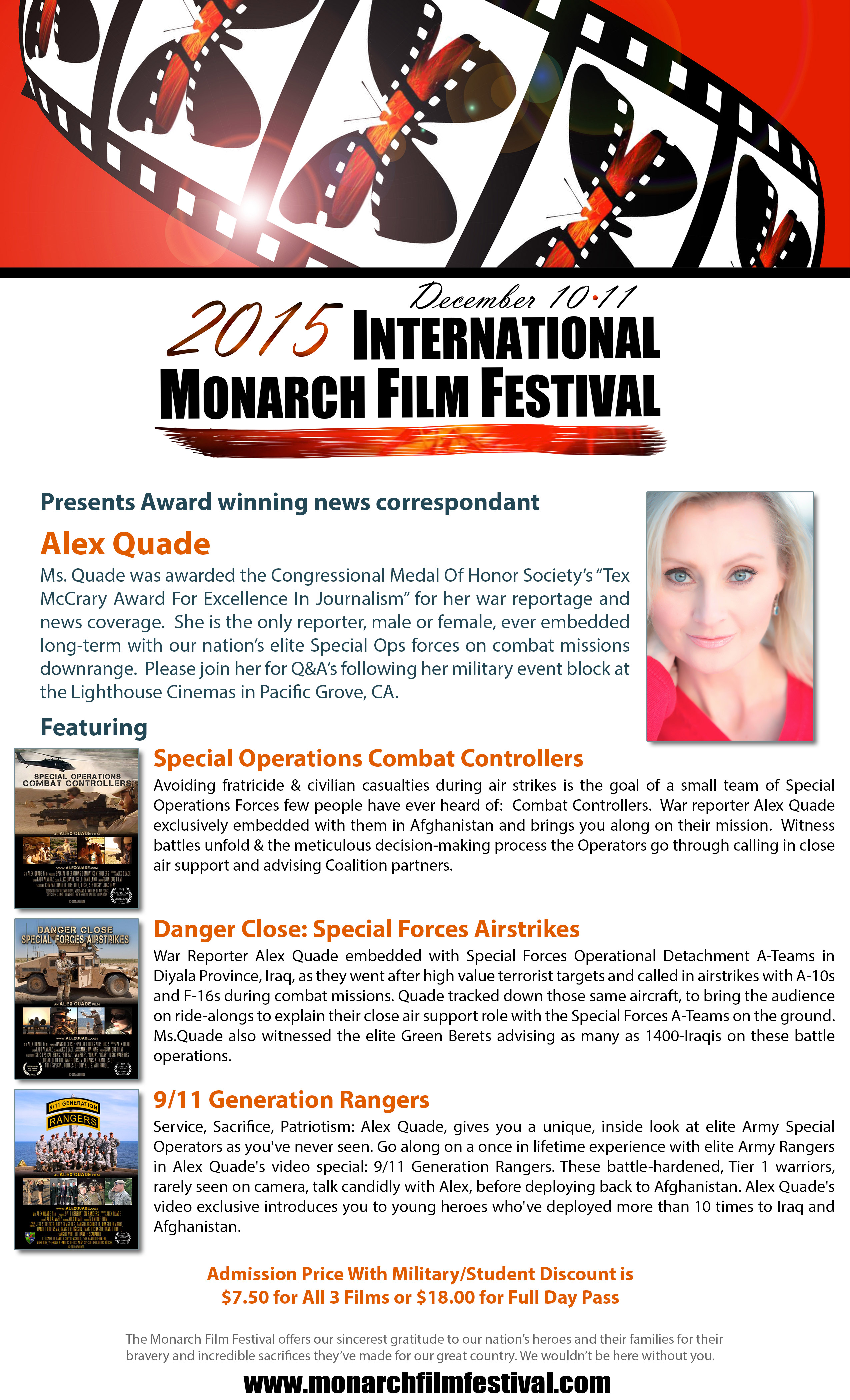 Alex Quade wins Jury Award for her three short documentaries on special operations at the Monarch Film Festival.