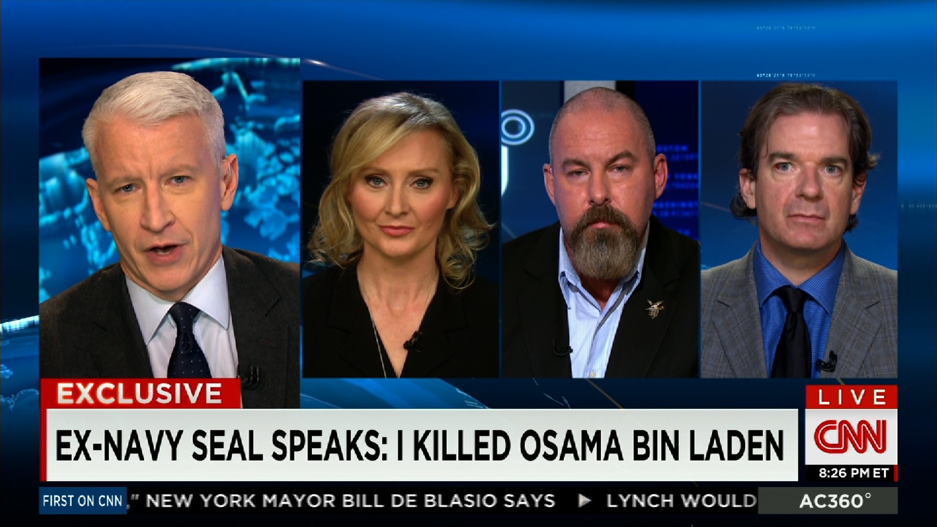 War Reporter Alex Quade's exclusive on CNN's Anderson Cooper 360. Left-right: Anderson Cooper, Alex Quade, Former Navy SEAL and FBI Special Agent Jonathan T.Gilliam, CNN National Security Analyst Peter Bergen. November 2014.