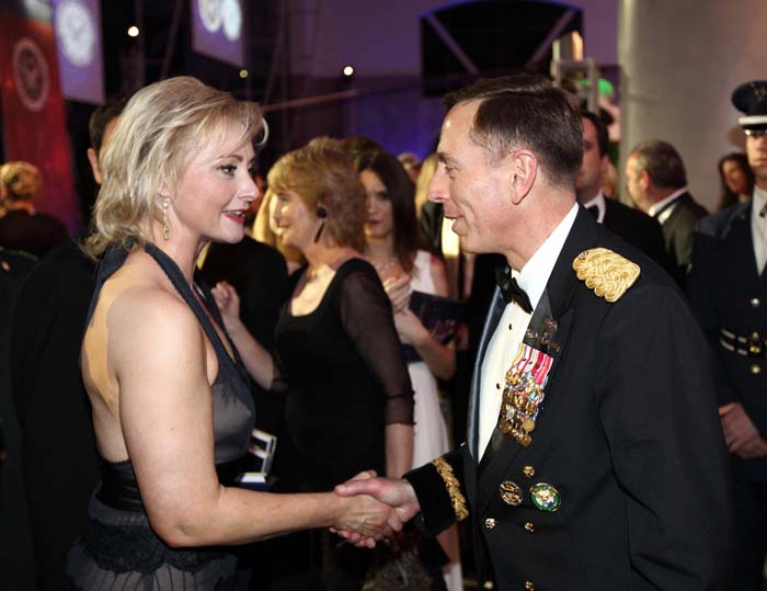 Award-winning War Reporter Alex Quade with fellow honoree General David Petraeus at the Reagan Presidential Library. Quade, Petraeus, First Lady Nancy Reagan and actor Charles Durning were awarded for their service by the Medal of Honor Society. 2009.
