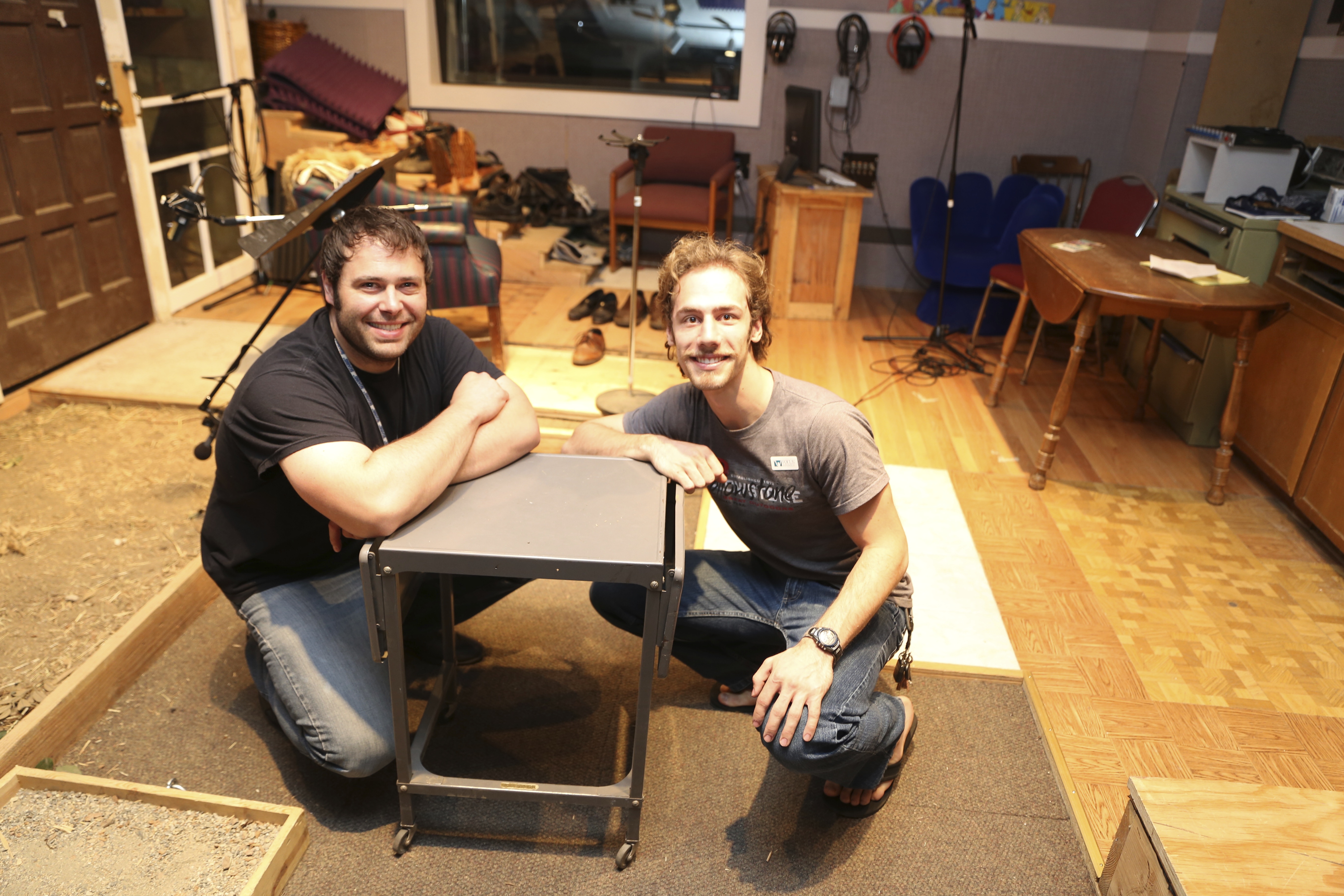 Sound designer Nate Jones (Adventures In Odyssey) with Nathan Jacobson at the Focus On The Family recording studio in Colorado Springs.