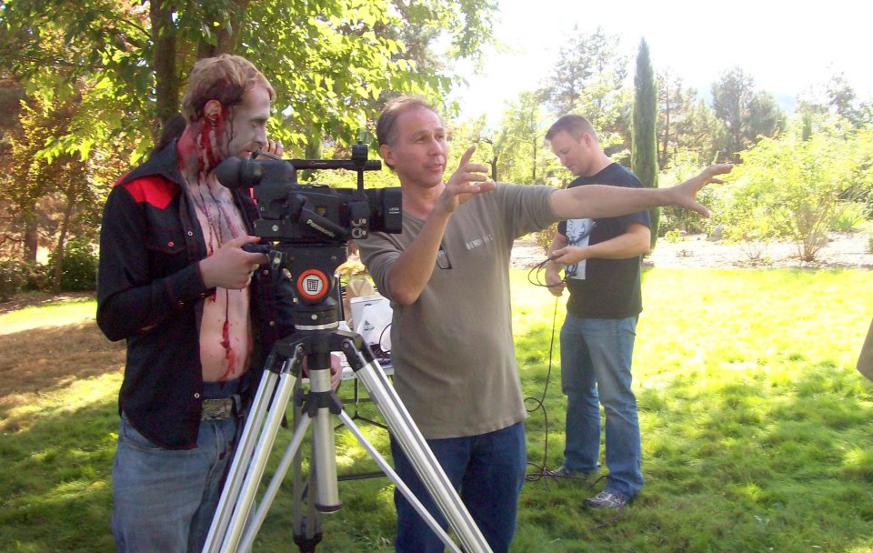 Discussing a shot with DP Levi Anderson who also plays a zombie in the film Vampire Camp