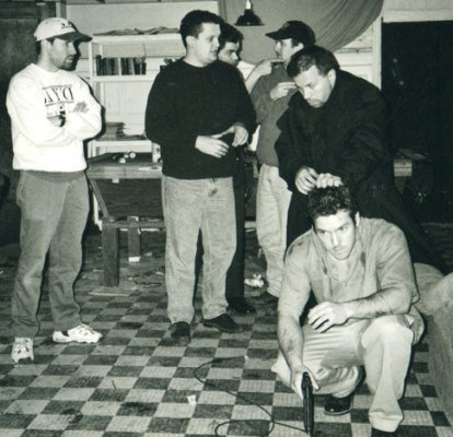 (L to R) Cameraman Russell White, Director William Kaufman, Actor Jay Moses, Producer David Rucker, Associate Producer/ Stunt Coordinator Ron Balicki and lead actor Holt Boggs rehearse next scene for THE PRODIGY