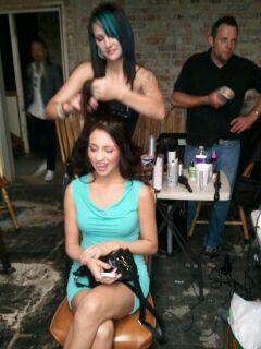 Makeup and hair before poker scene on set of 