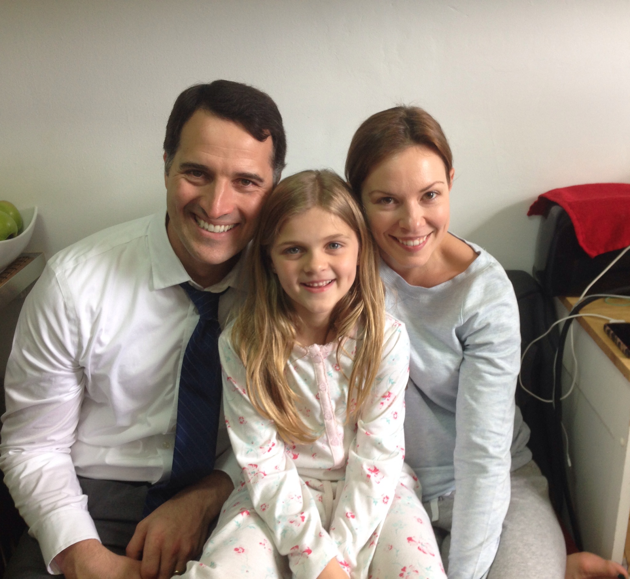 Skylar, David and Sarah on set for Bedtime Stories.