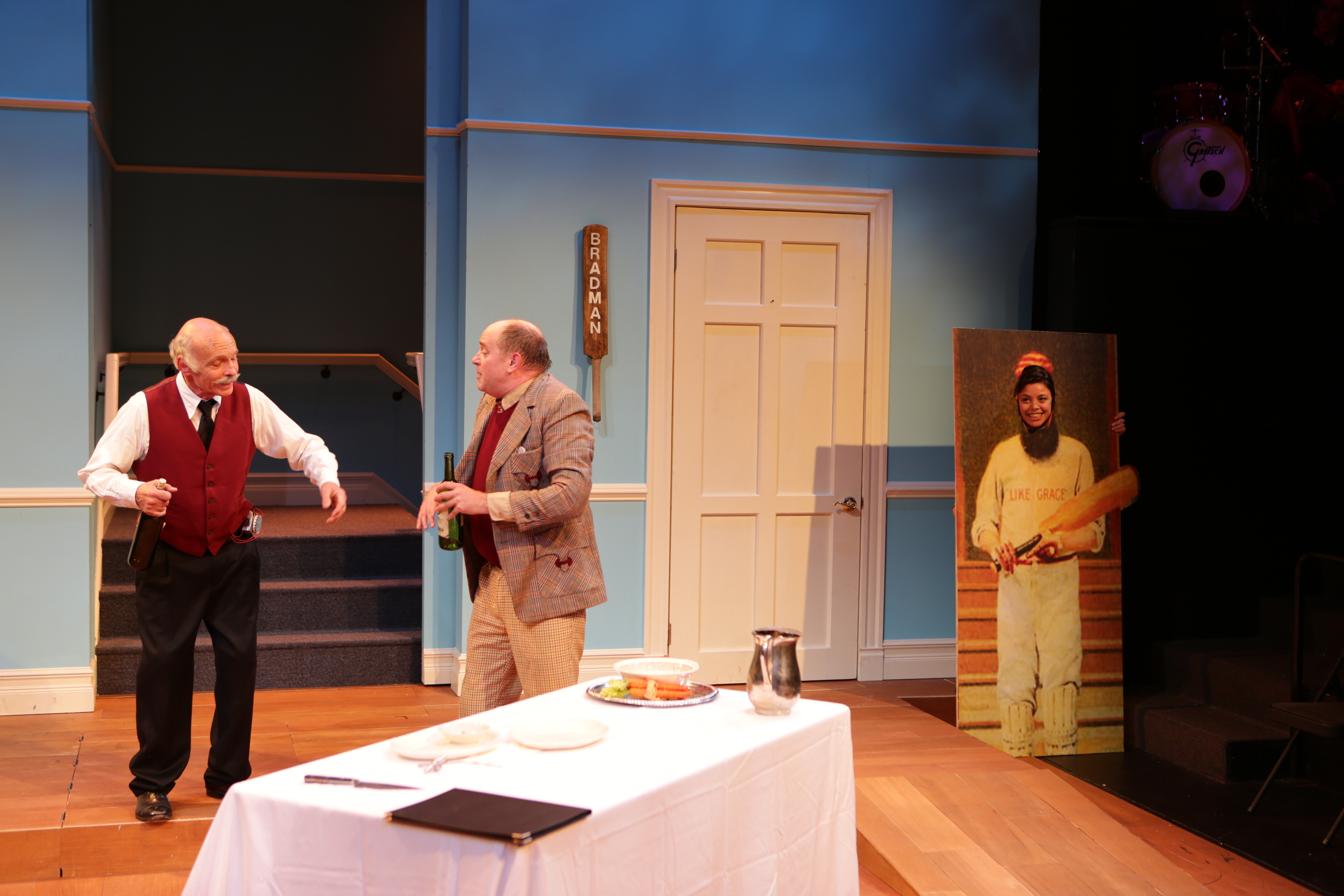 Amanda Spinella as audience plant Christine Patterson, Neil A. Casey as Francis Henshall, and John Davin as Alfie in The Lyric Stage Company of Boston's One Man, Two Guvnors (2013)