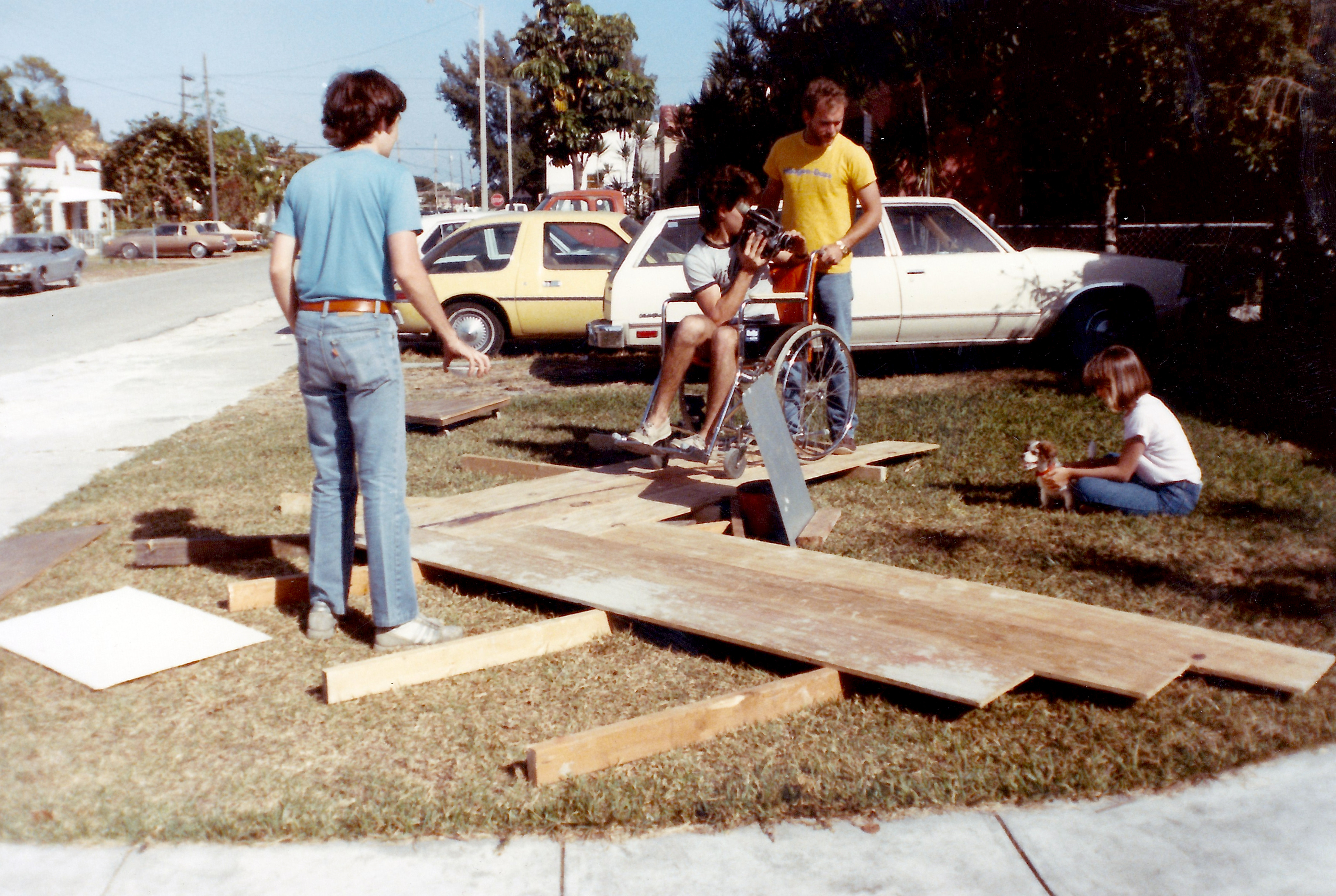 Jon Teboe (far left) directs Valerie Rice (far right) for the opening shot of 