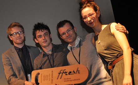 Daniel Cripps, Ashley Whitfield, Raphael Biss and Vaia Ikonomou. Winners of the best undergraduate short film in the Ffresh film festival 2012.