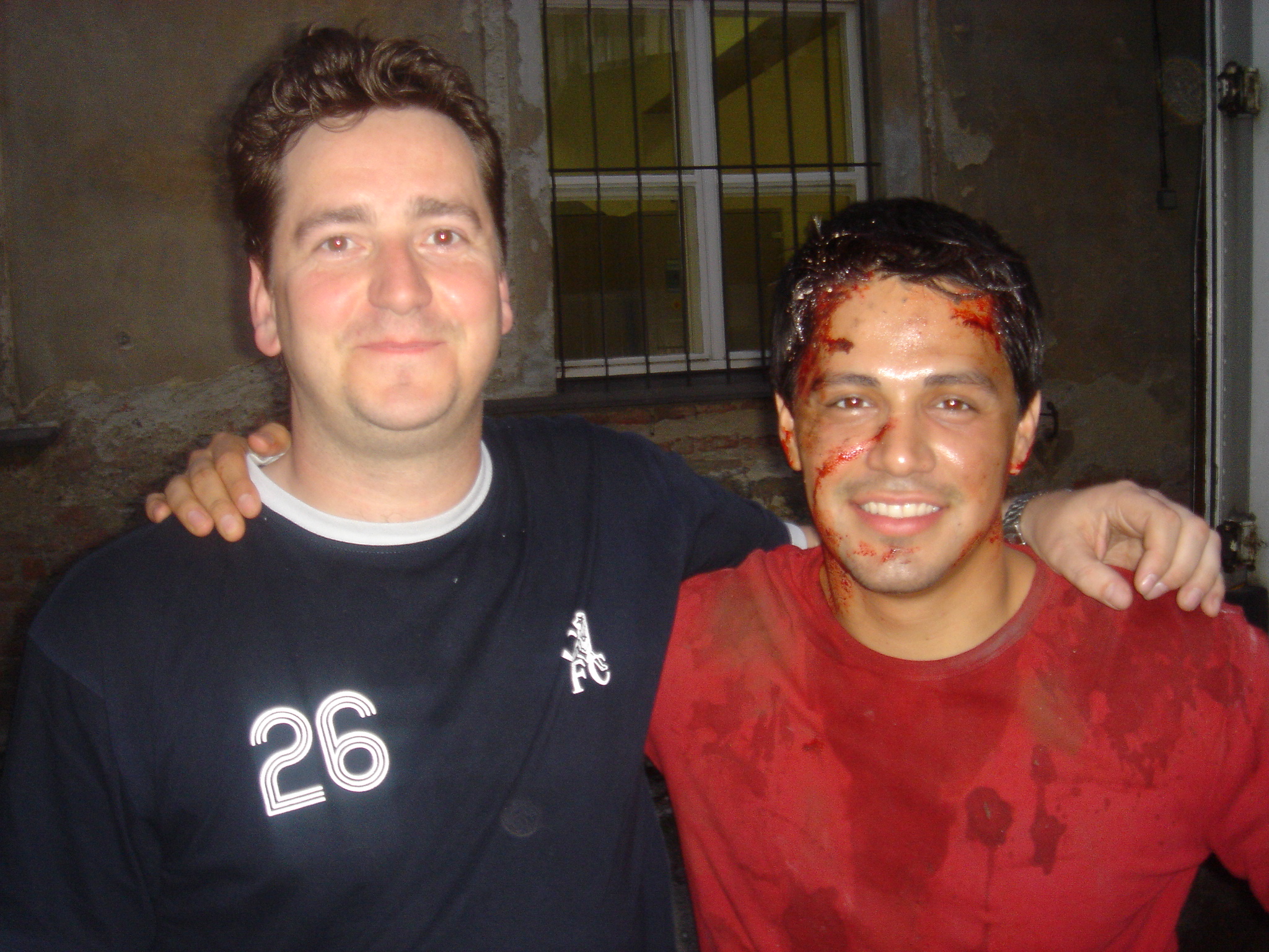 Producer Philip Waley with Jay Hernandez on set of Hostel