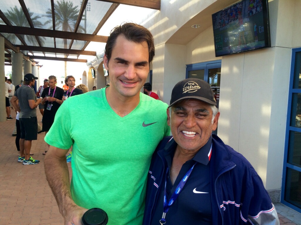 ATP World Tour tennis legend Roger Federer with Ryan's 2015 tennis coach Arun Jetli at the 2015 BNP Paribas Open in Indian Wells, CA (Mar. 2015). Arun is the Riviera Tennis Club's Junior Academy Manager in Pacific Palisades, CA.