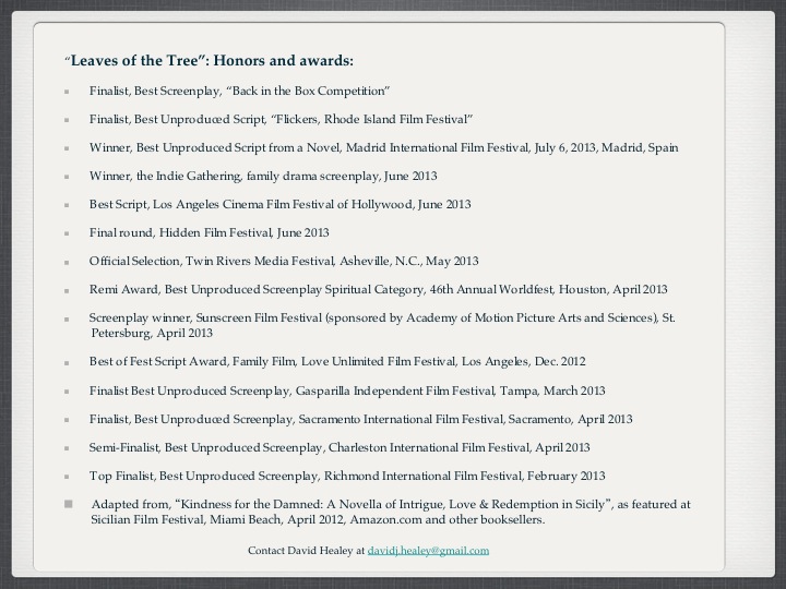 Awards for screenplay for Leaves of the Tree