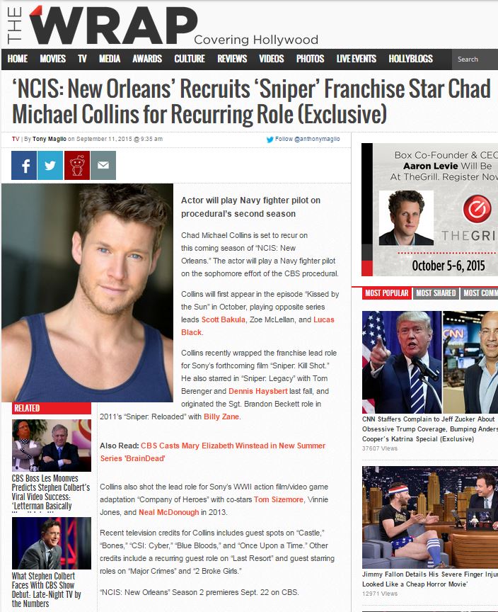 TheWrap.com casting announcement - Chad Michael Collins, NCIS: New Orleans recurring role. http://www.thewrap.com/ncis-new-orleans-recruits-sniper-franchise-star-chad-michael-collins-for-recurring-role-exclusive/?utm_source=Sailthru&utm_medium=emai