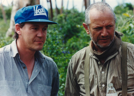 Armorer John Fox with Steven Berkoff on location in the Fiji Islands in 1996 while filming the feature film 