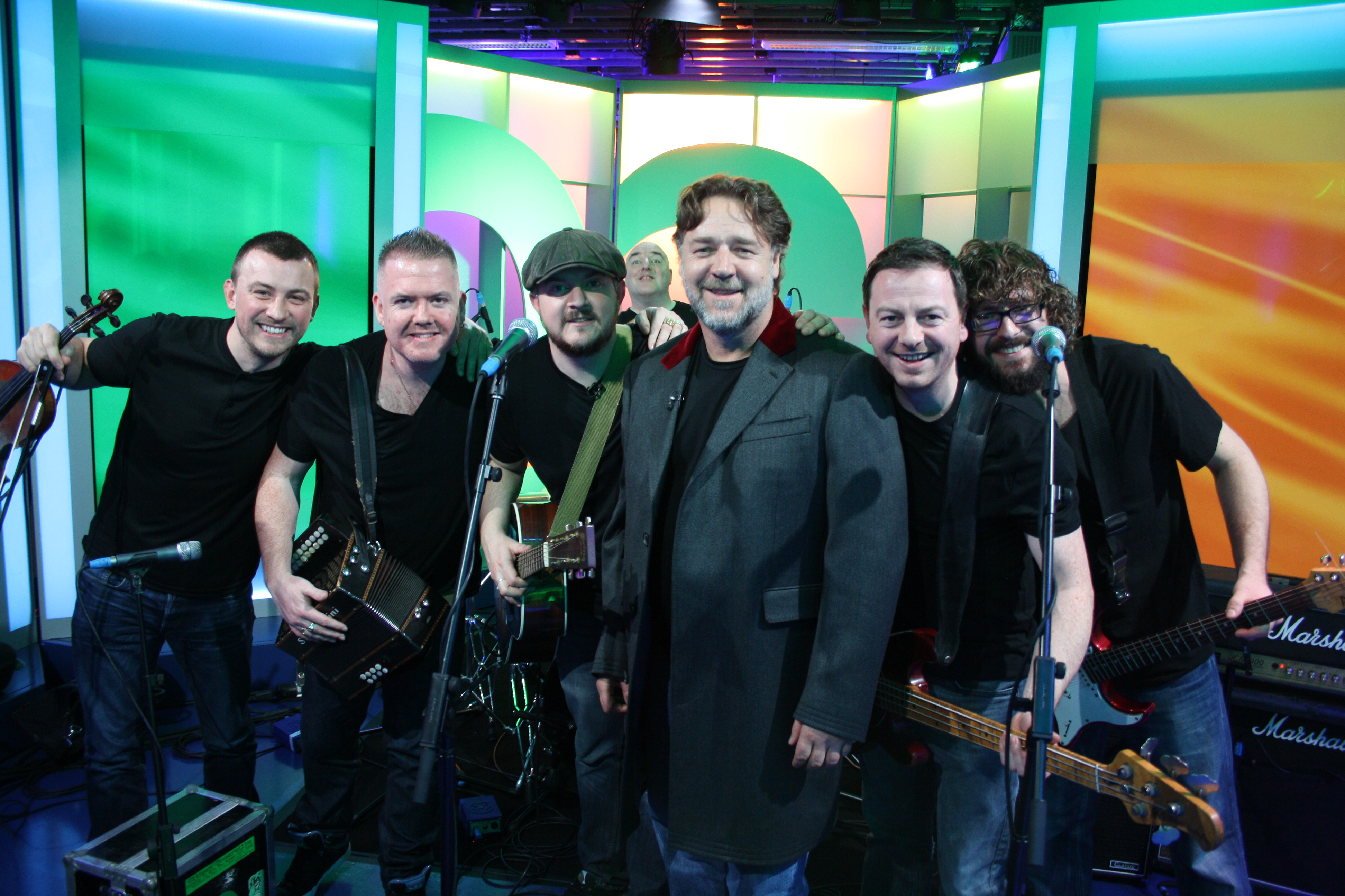 Andy's band The BibleCodeSundays with Russell Crowe after their performance on The One Show on BBC1 - St. Patrick's Day 2015