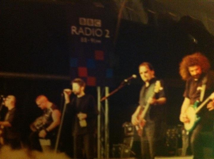 It was all a blur indeed - Andy (second left) when he played with Shane MacGowan and The Popes - Guilford Festival 1999