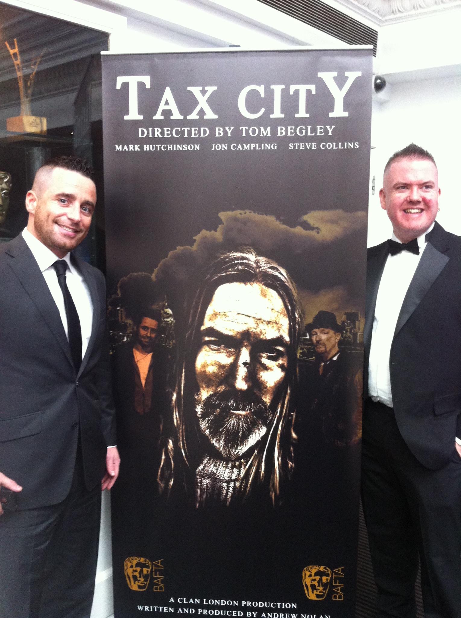 Tax City star Mark Hutchinson (left) with the short film's writer/producer Andy Nolan at its sold out premiere screening at BAFTA, London - 2013