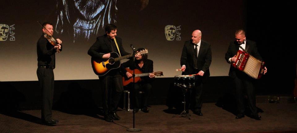 Andy (far right) and his band The BibleCodeSundays perform at the BAFTA Premiere of his short film Tax City