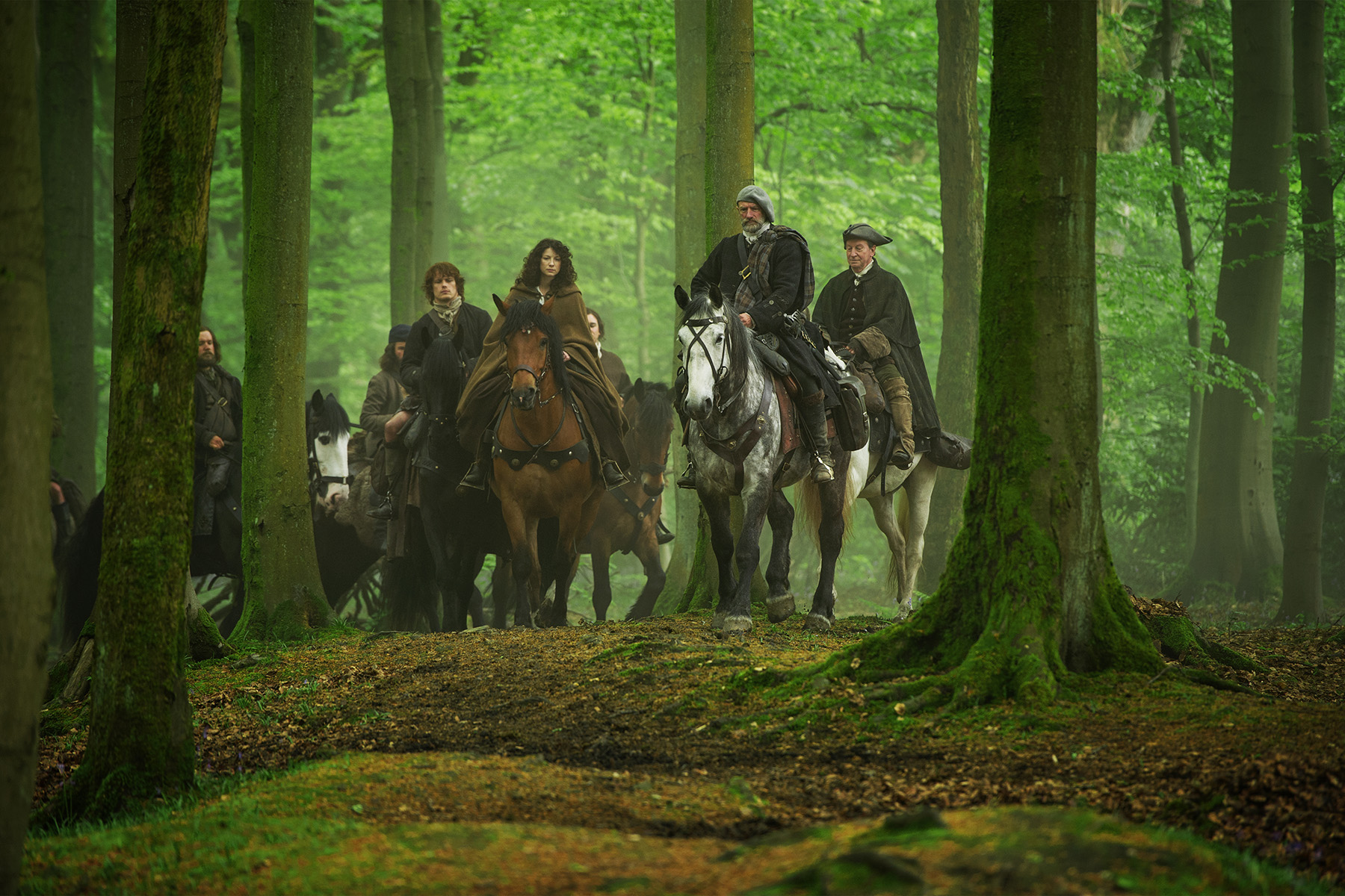 Still of Graham McTavish, Bill Paterson, Stephen Walters, Sam Heughan, Grant O'Rourke, Finn Den Hertog and Caitriona Balfe in Outlander (2014)