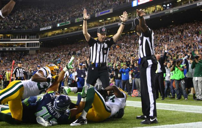 Lance Easley making the Hail Mary call at the end of the Seahawk vs Packers NFL game 2012