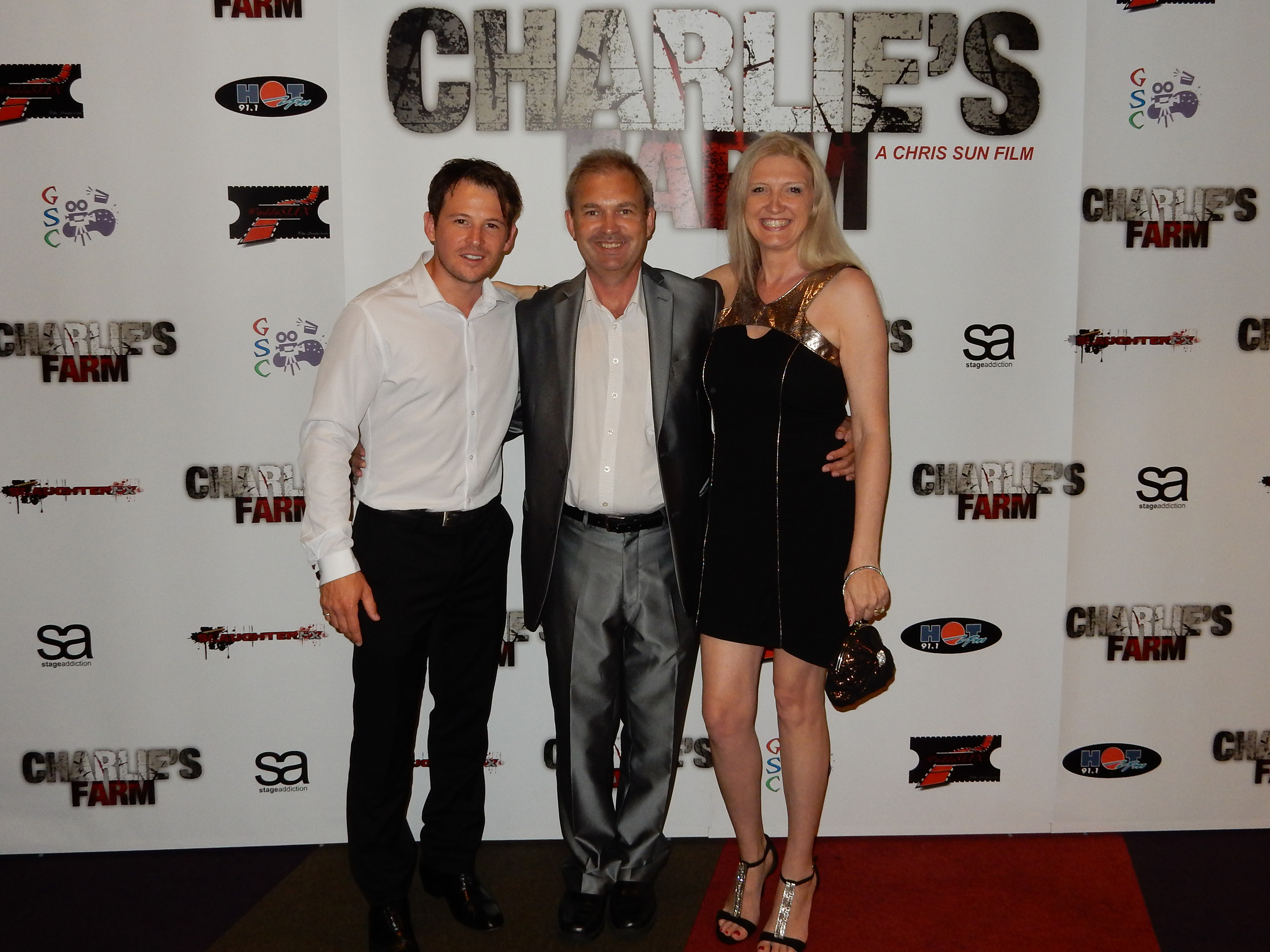 Dean Kirkright, Michael Maguire and Toni McGhee at the premiere of 'Charlies Farm'.