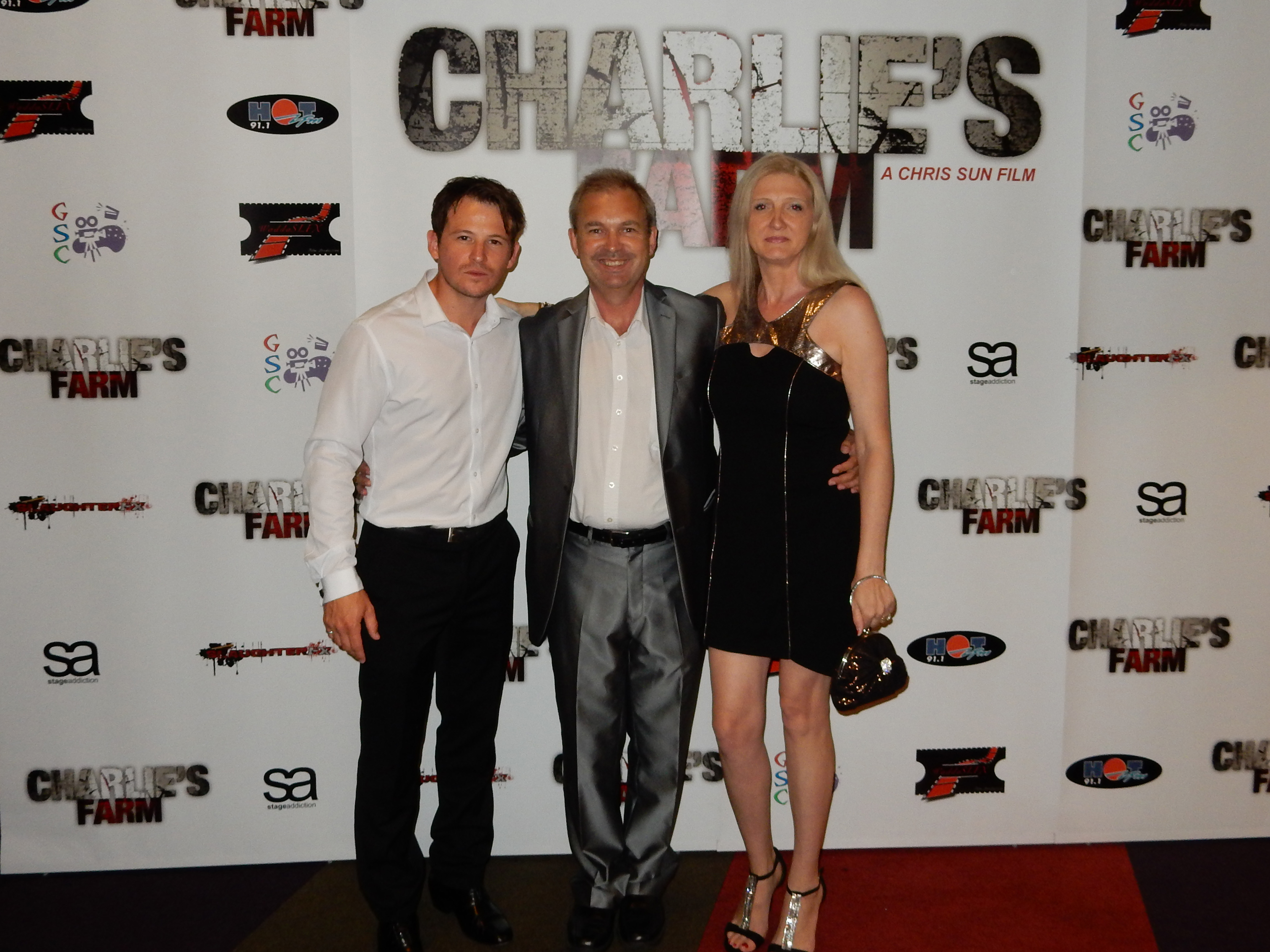 Dean Kirkright, Michael Maguire and Toni McGhee at the premiere of 'Charlies Farm'.