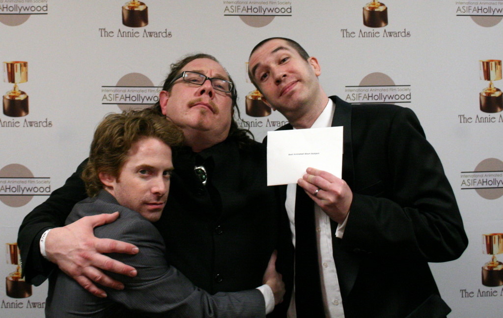 Seth Green, Fred Tatasciore, and Matt Senreich celebrate Robot Chicken's win