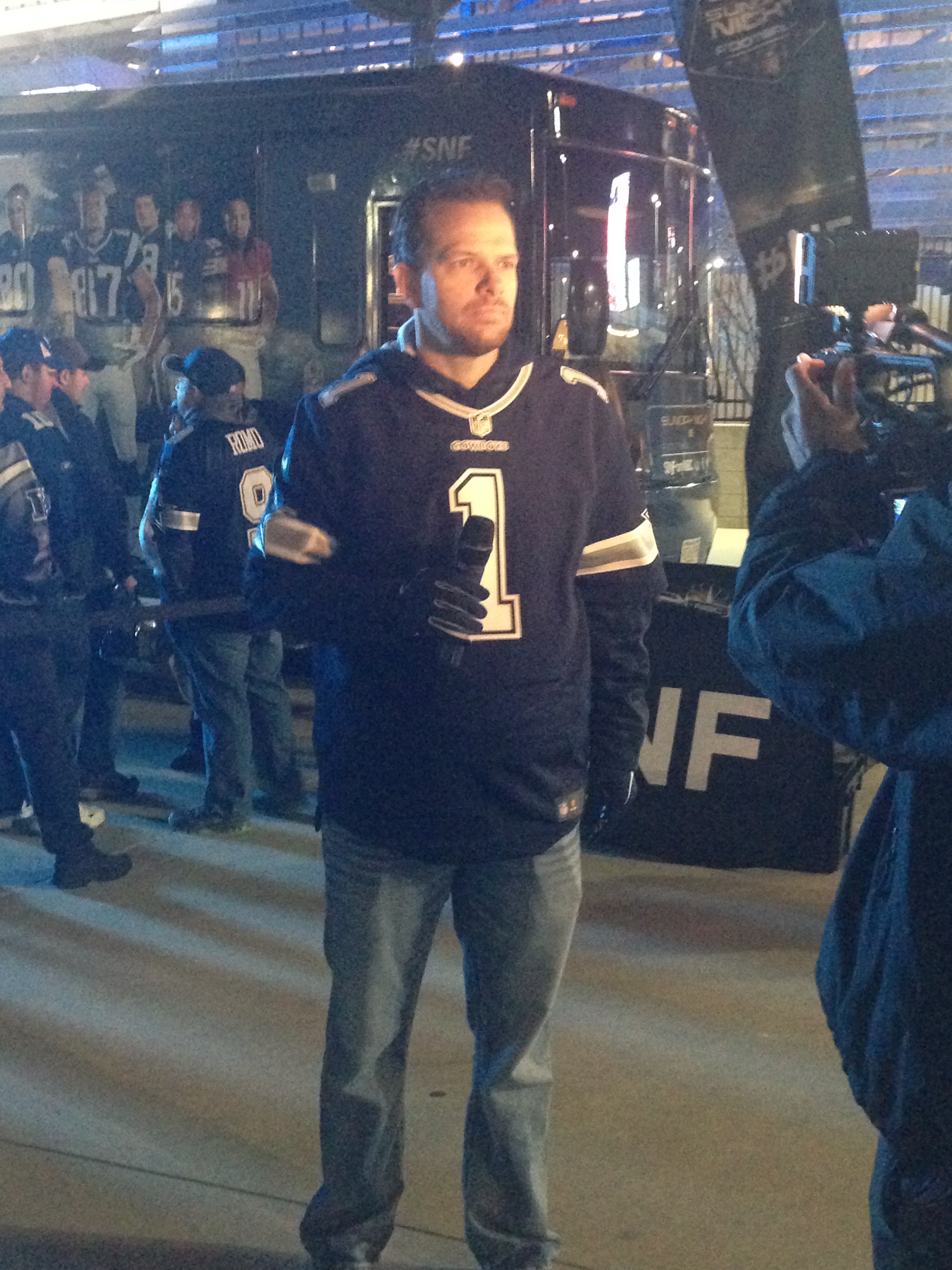 Matt Thornton, Correspondent, filming NBC Sunday Night Football NFL Dallas Cowboys at New York Giants.
