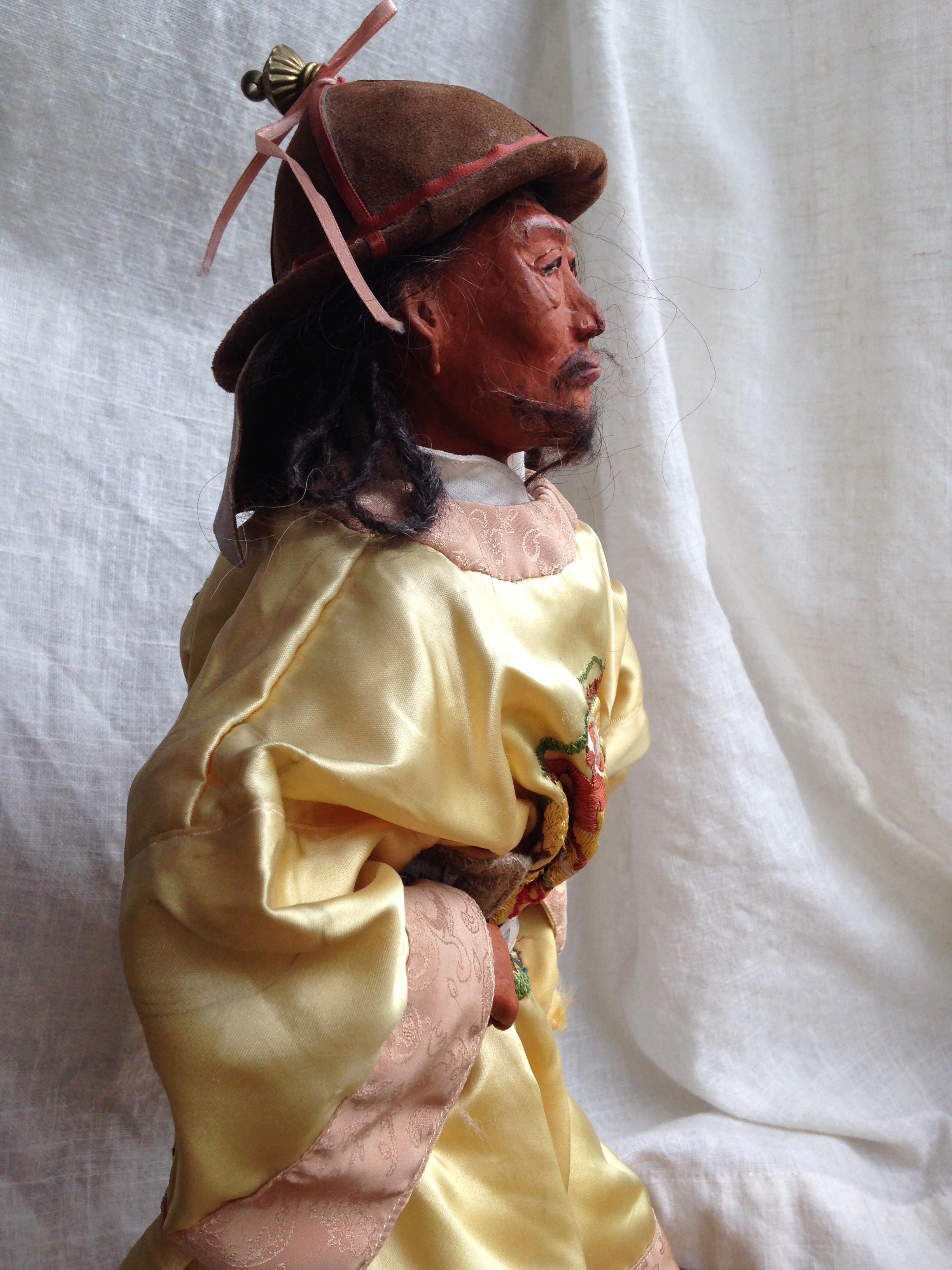 Kublai Kahn costume doll, assignment, clay and fabric, hand and machine embroidery, crafted by Vibeke La. Maltun