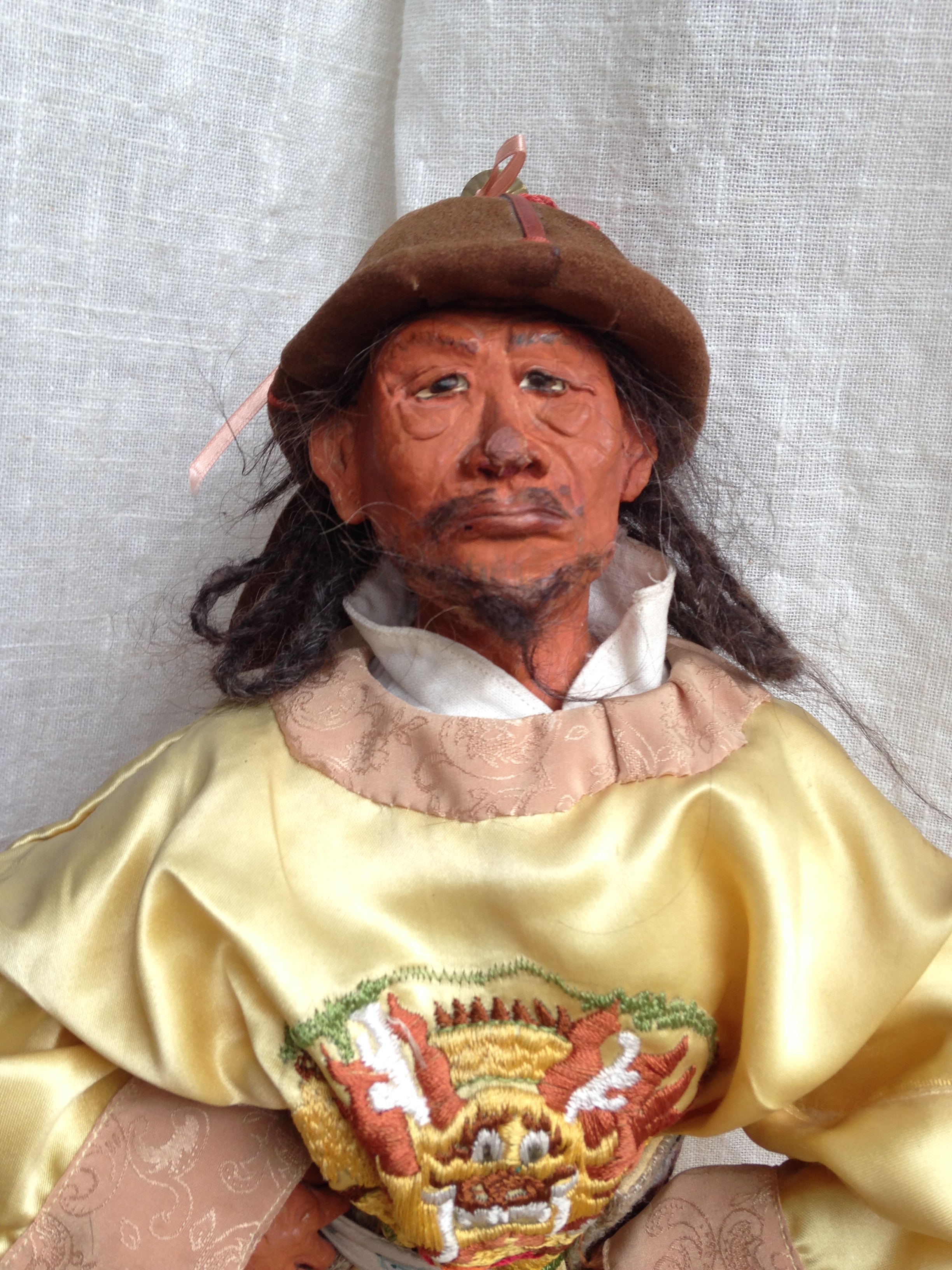 Kublai Kahn costume doll, assignment, clay and fabric, hand and machine embroidery, crafted by Vibeke La. Maltun