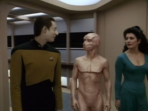 Still of Marina Sirtis, Brent Spiner and Leonard Crofoot in Star Trek: The Next Generation (1987)