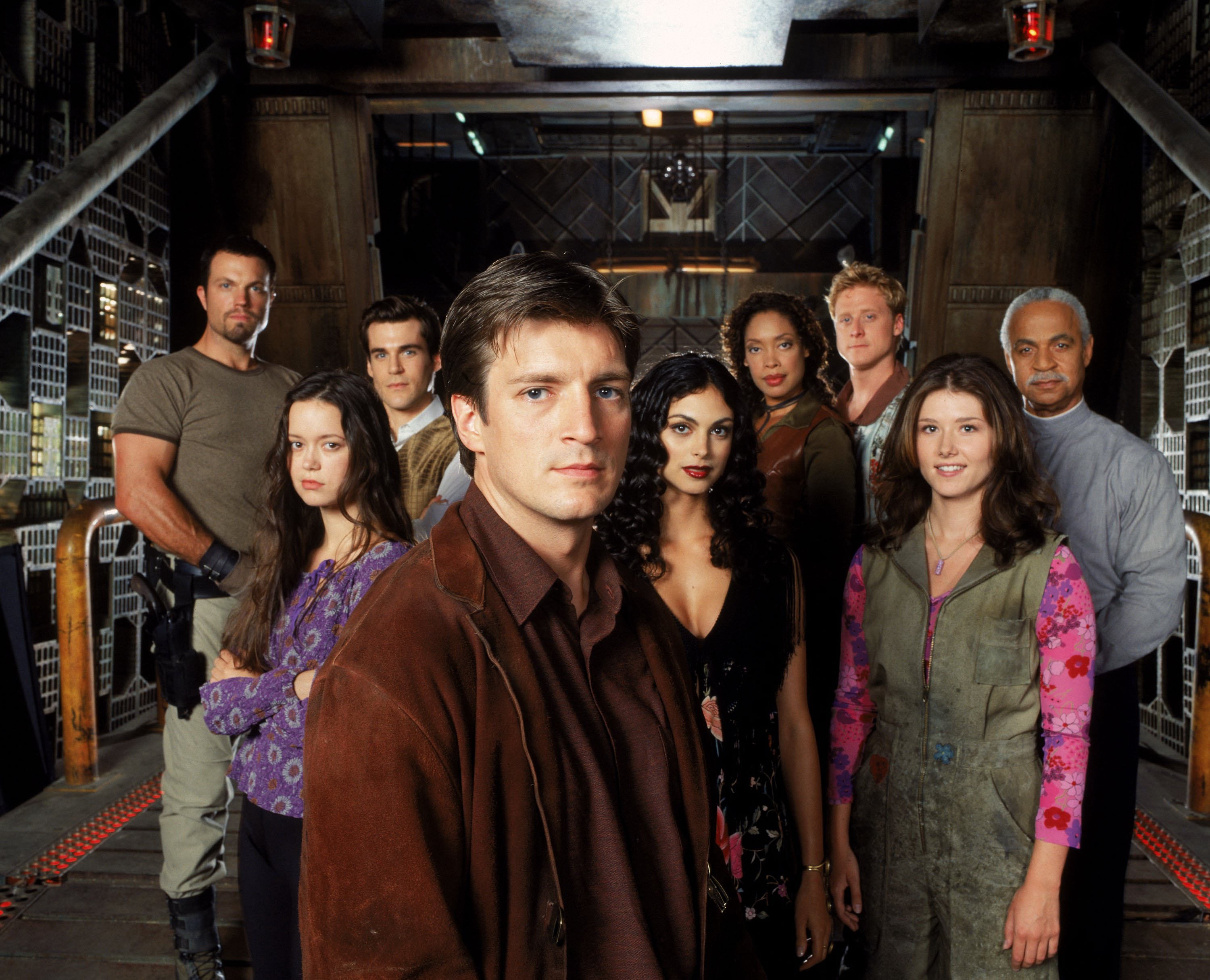 Still of Adam Baldwin, Nathan Fillion, Ron Glass, Sean Maher, Jewel Staite, Gina Torres, Alan Tudyk, Morena Baccarin and Summer Glau in Firefly (2002)