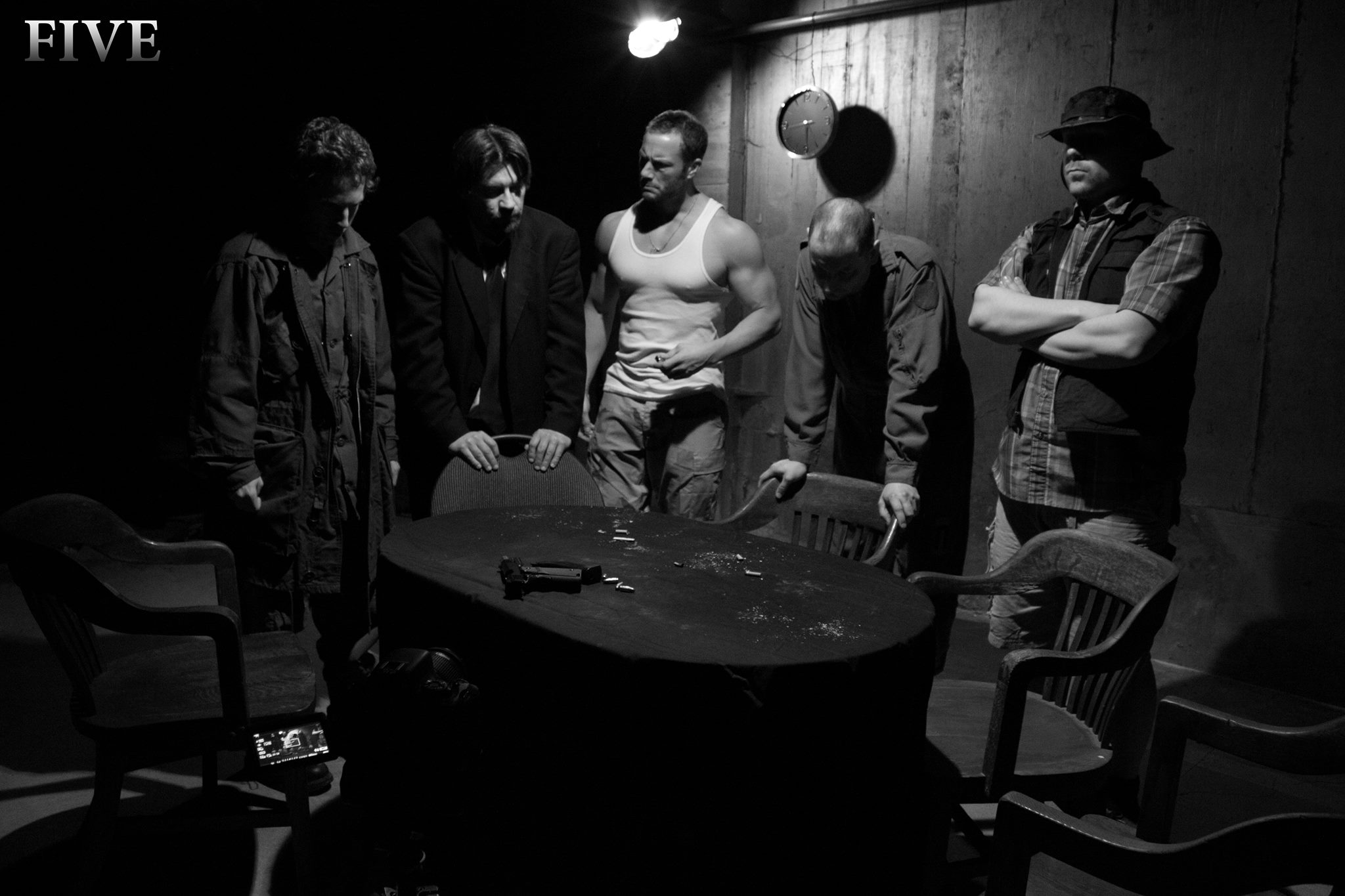 Jeffrey Kelley (Center, in White t-shirt), pictured with cast mates Josh Gaudet, Ian Estey, Scott Brownlee and Jon Blizzard in a still shot from the set of FIVE.