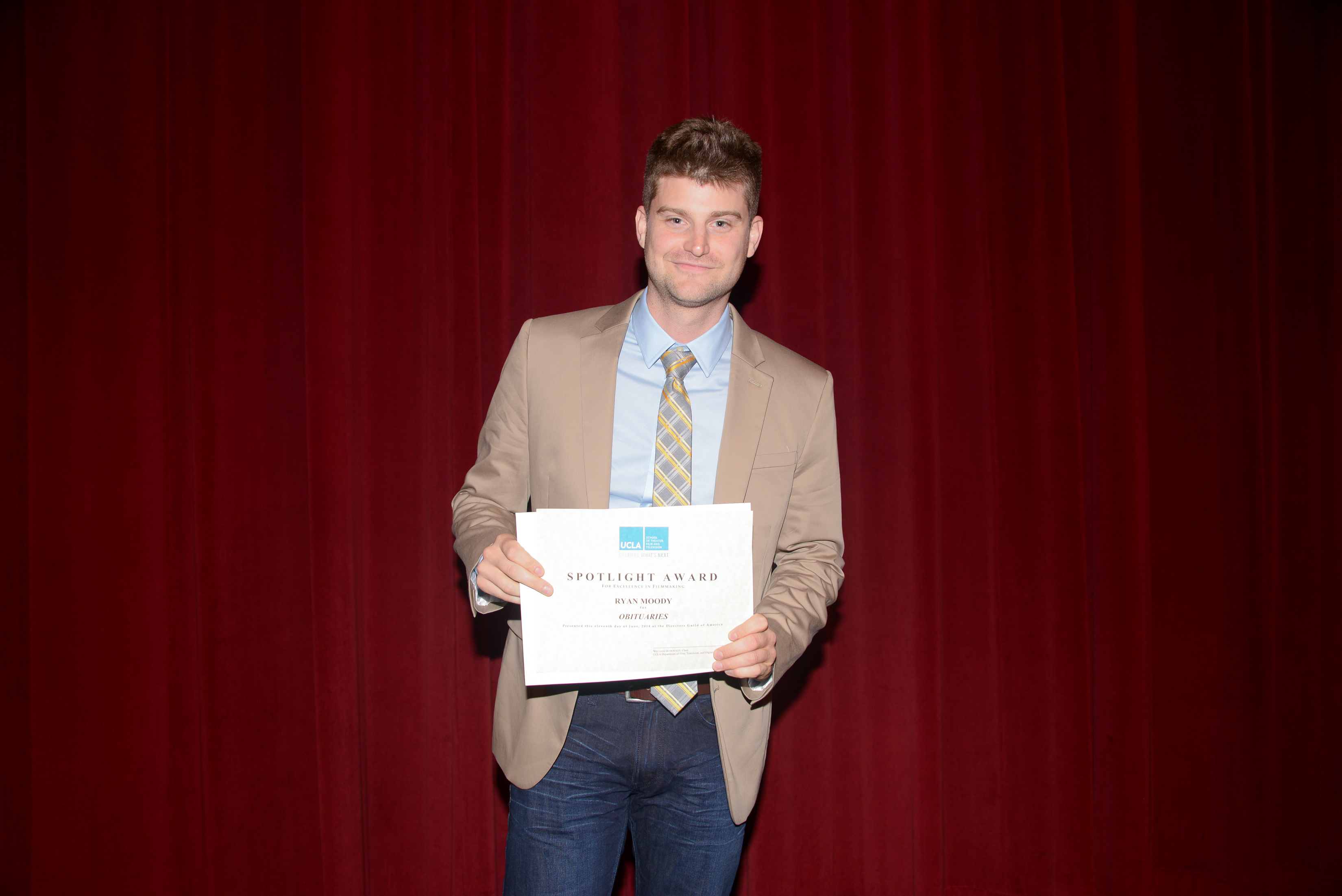 Ryan Moody received the Spotlight Award from the 2014 UCLA Film Festival at the DGA in Hollywood for his short film Obituaries.