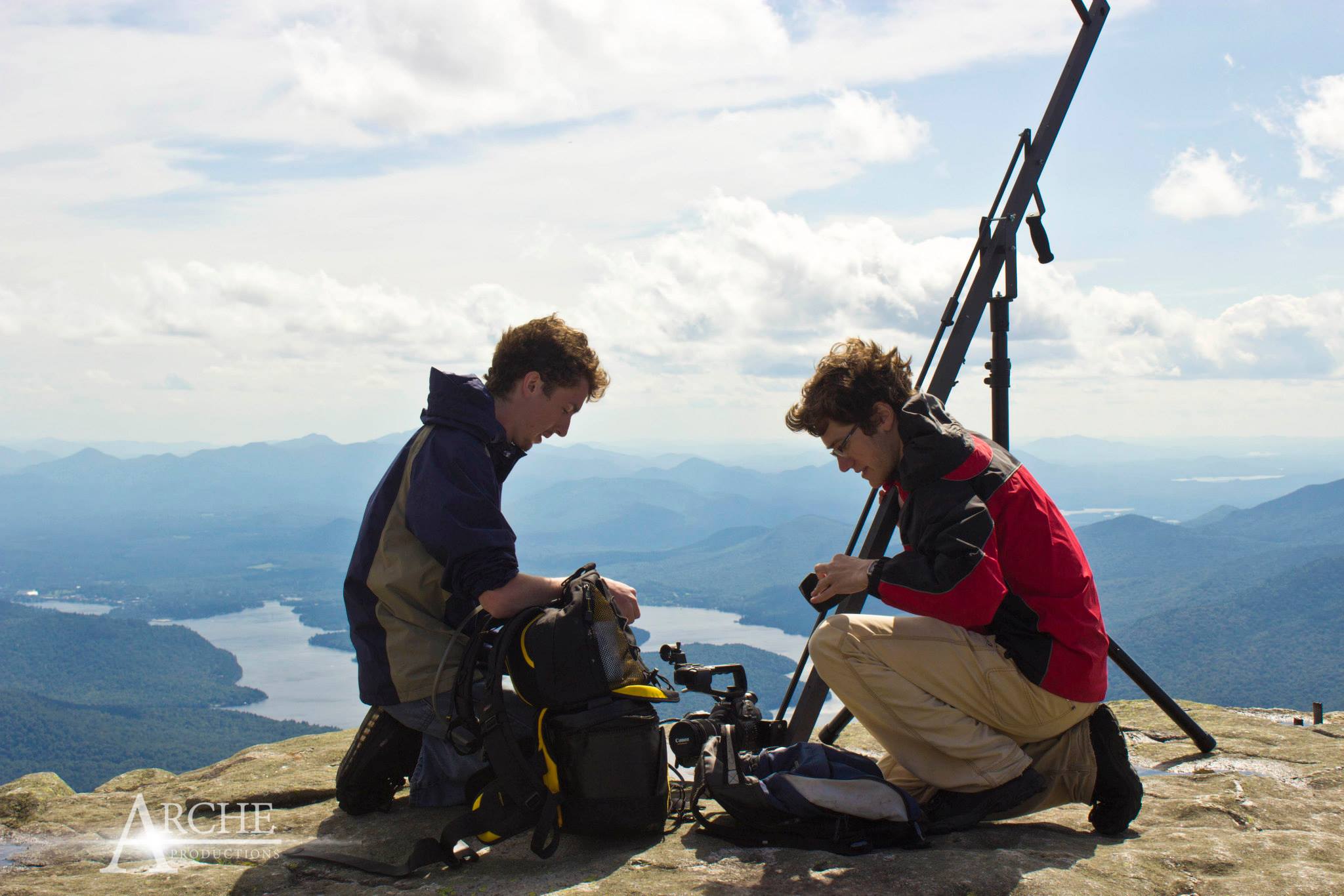 Director Blake Cortright (left) and Director of Photography Matthew Elton (right) prepare the jib crane atop Whiteface Mountain during shooting of 