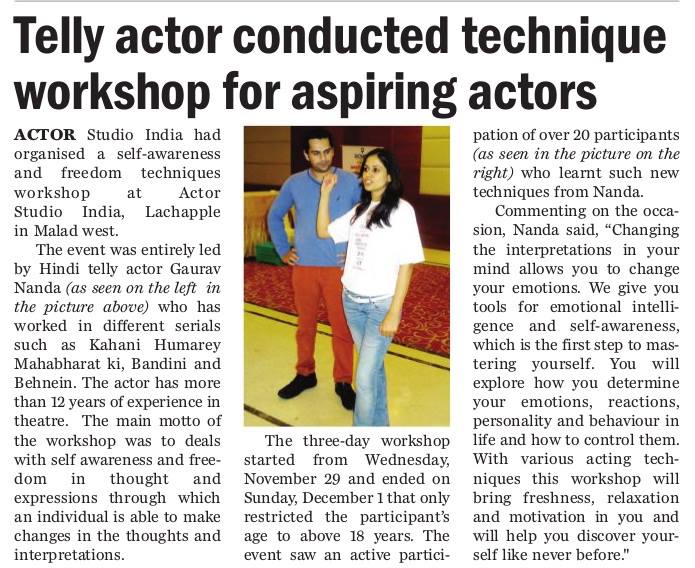 Gaurav Nanda News Paper Article On My Latest Workshop On 