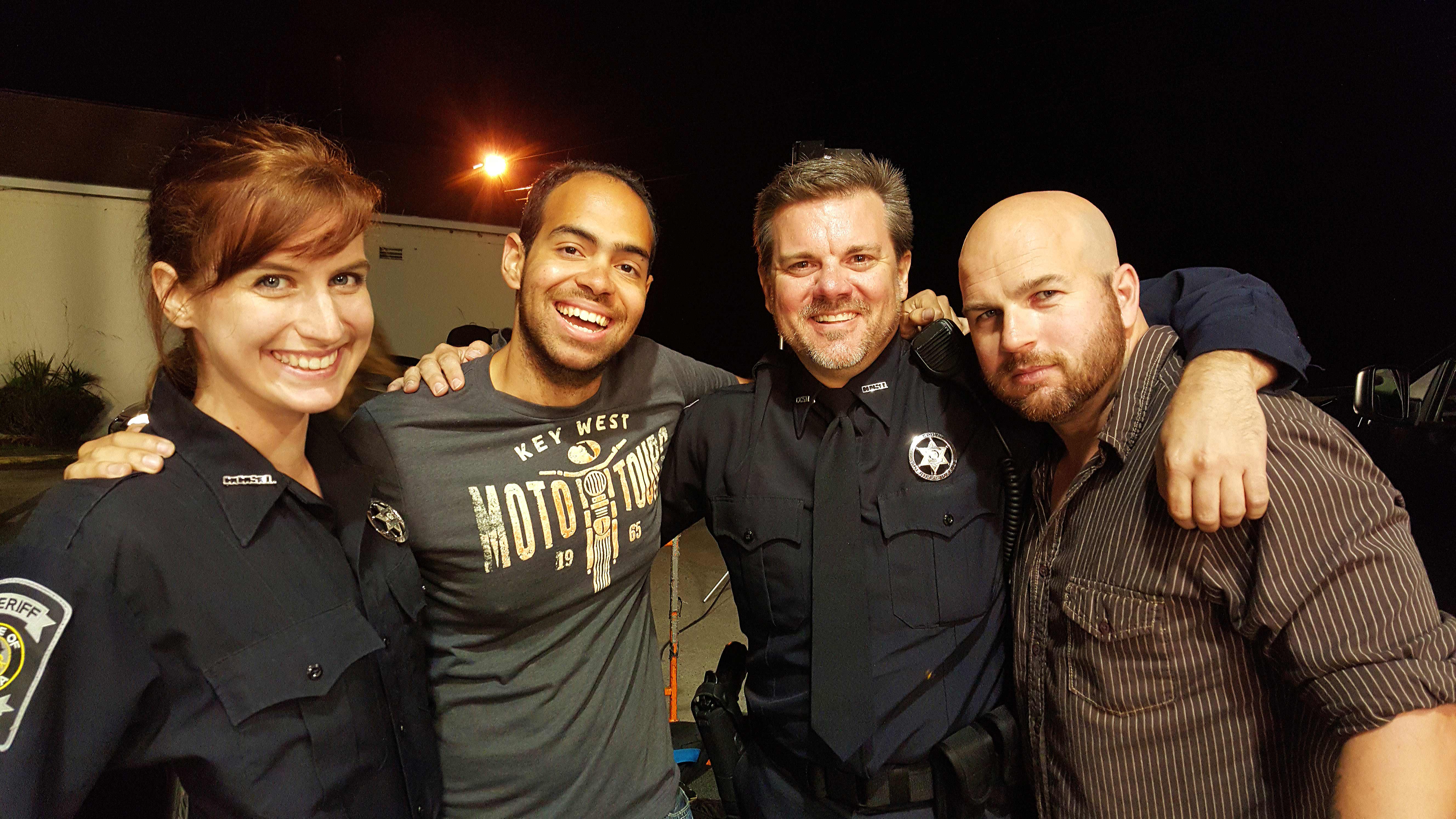 Behind the scenes still of Leona Worcester, Rob O'Cruz, Scott J. Smith, and Christopher Heskey on the set of 