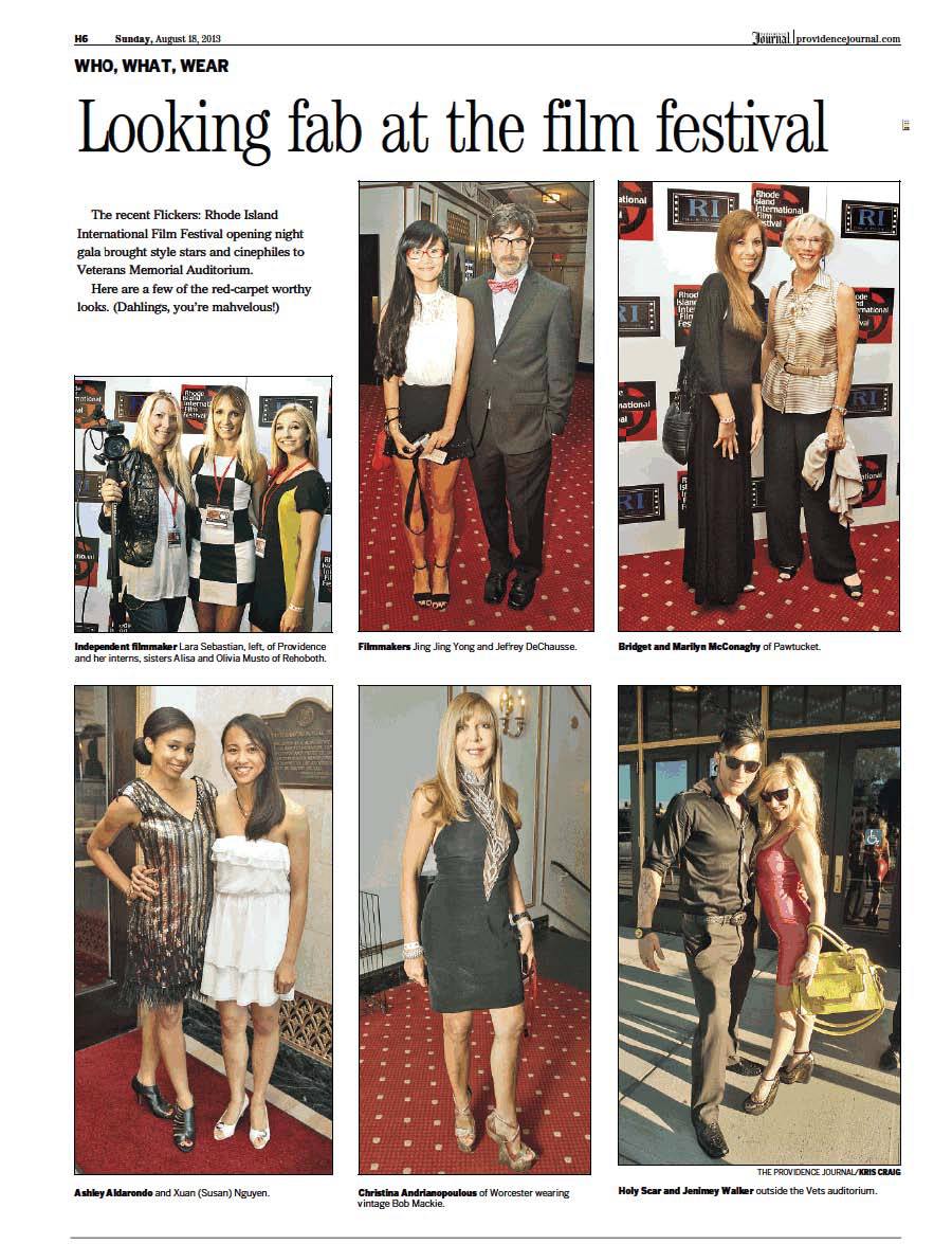 Bottom right corner, Holy Scar and Jenimay in the 'Providence Journal' fashion section, Sunday Aug.18, 2013 Pink Latex Dress designed by lAndreane Kebreau of 'Rose Goudron